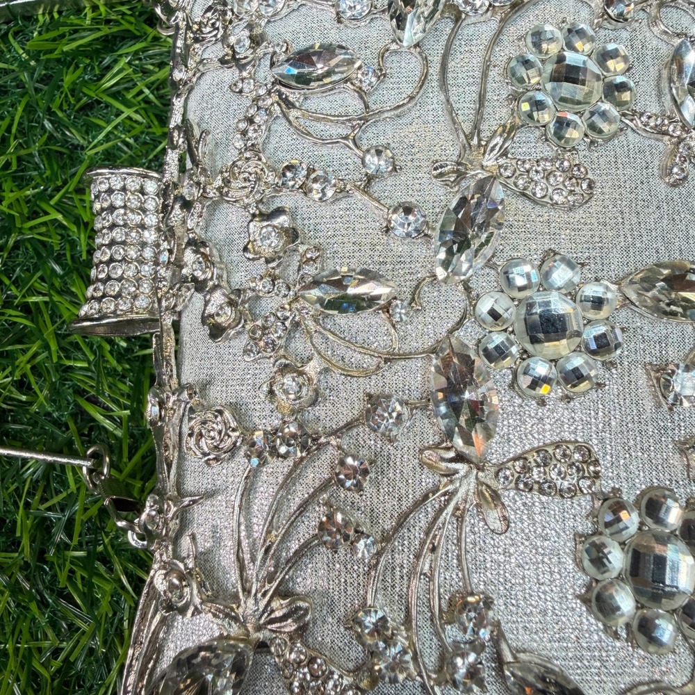 Rhinestone Evening Clutch Women Small Silver Excellent Floral Crystal - Picture 3 of 9